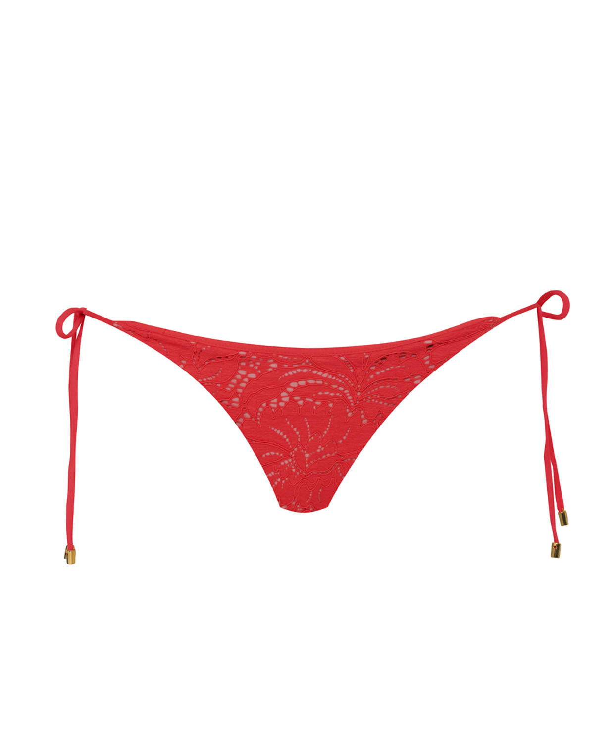 A red lace bikini bottom against a white wall. 