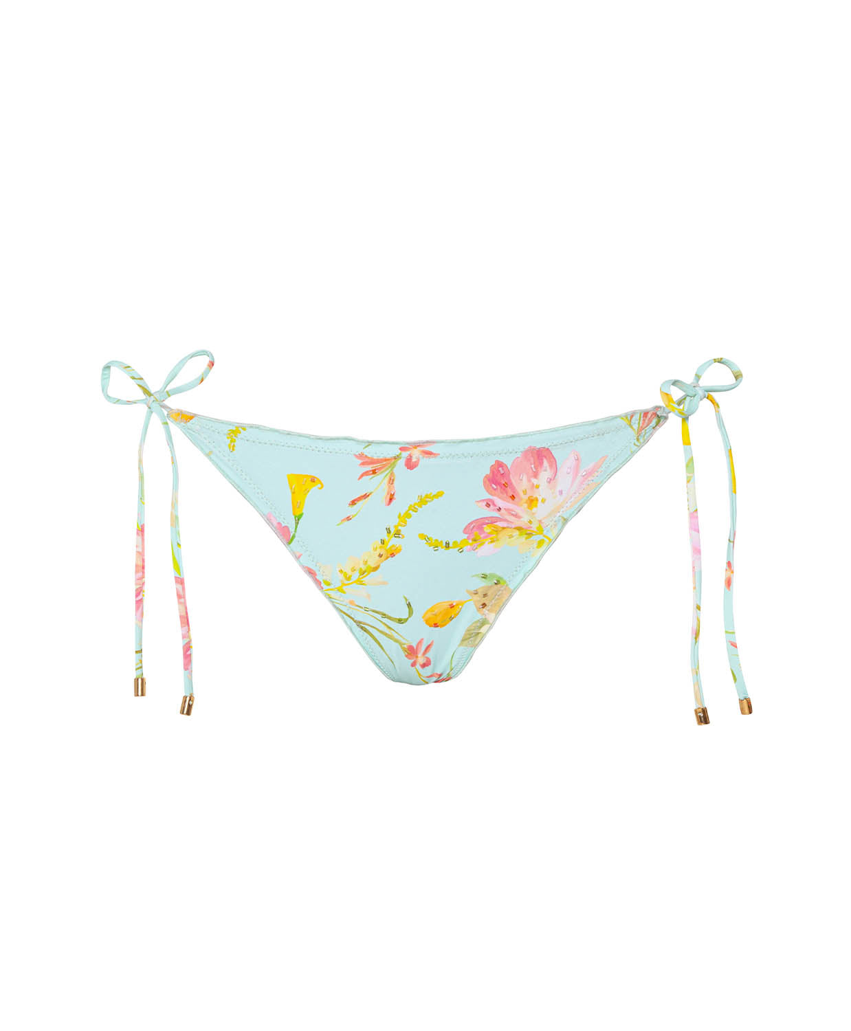A floral tie side bikini bottom on a white background