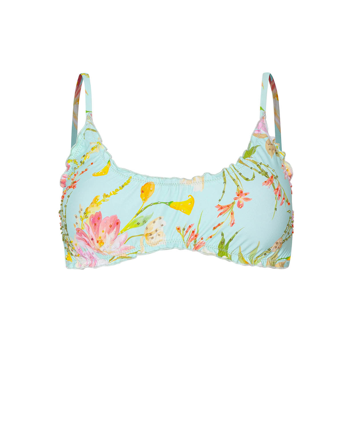 Floral-patterned bikini top on a white background