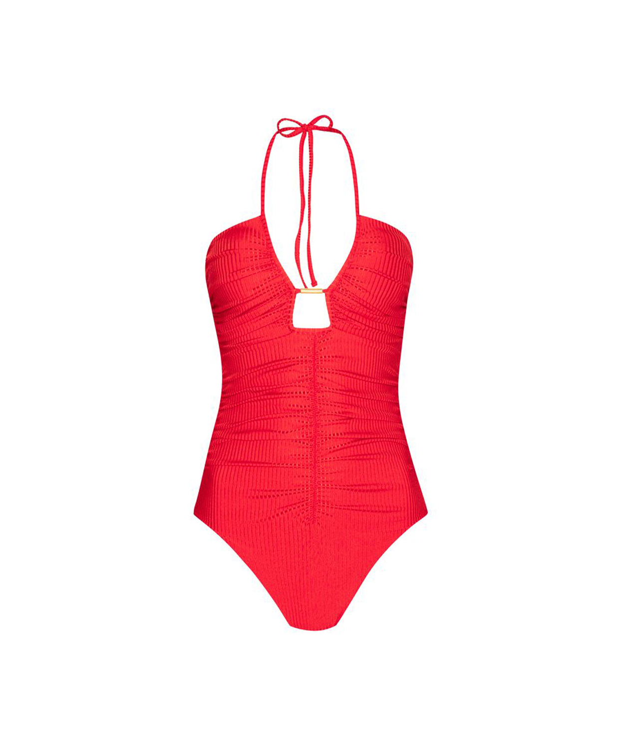 A bright coral one-piece swimsuit with a halter neck, front tie detail, and vertical ruching, shown against a plain white background.