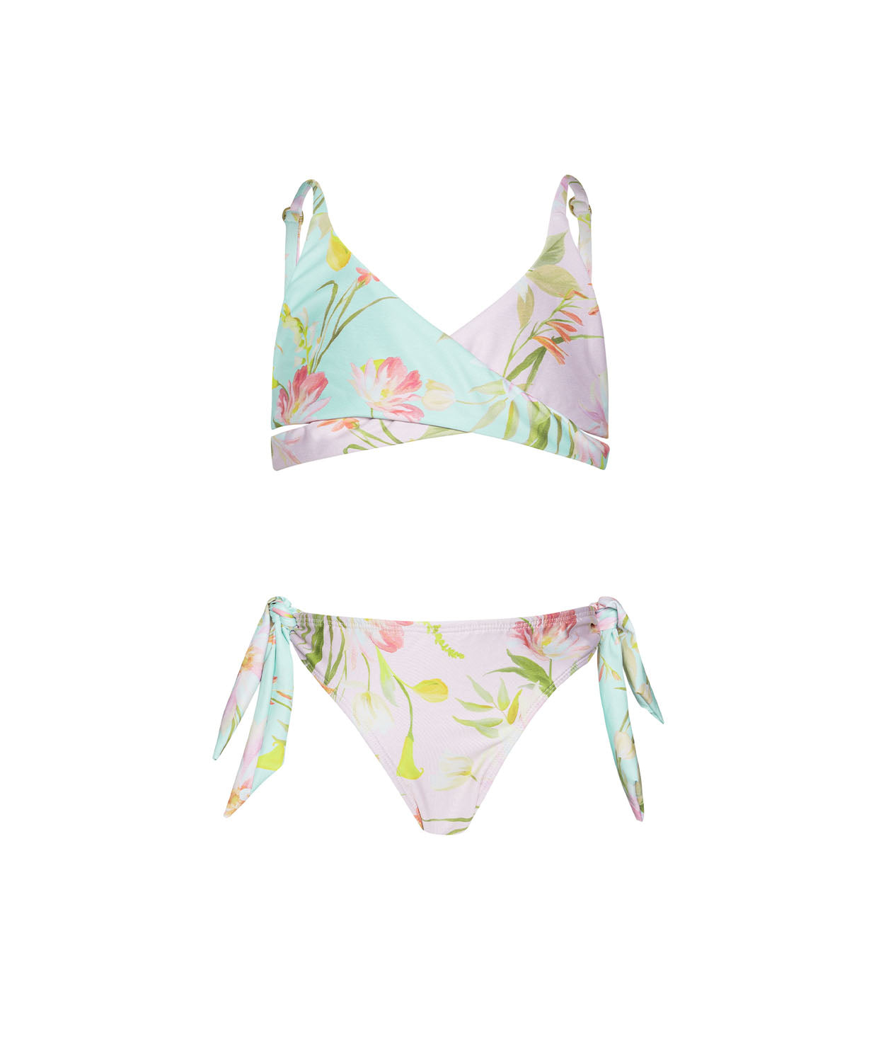 Kids Petal Gianna Bikini – light blue floral two-piece with crisscross top and oversized tie bottoms, perfect for sunny beach days.