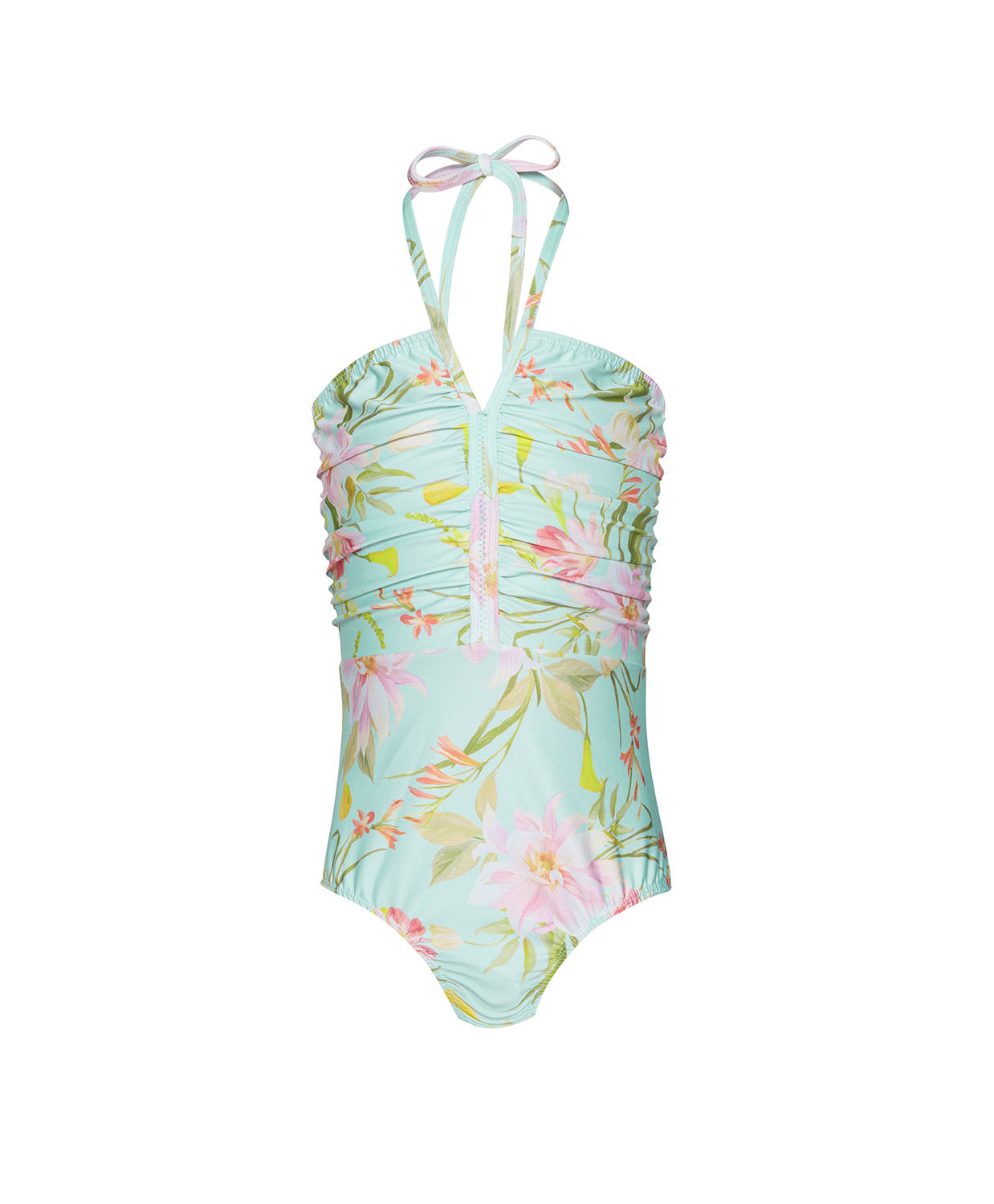 Kids Petal Little Josie One Piece — light blue floral swimsuit with front ruching and halter neck ties, offering a vibrant tropical look.