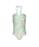 Kids Petal Little Josie One Piece — light blue floral swimsuit with front ruching and halter neck ties, offering a vibrant tropical look.