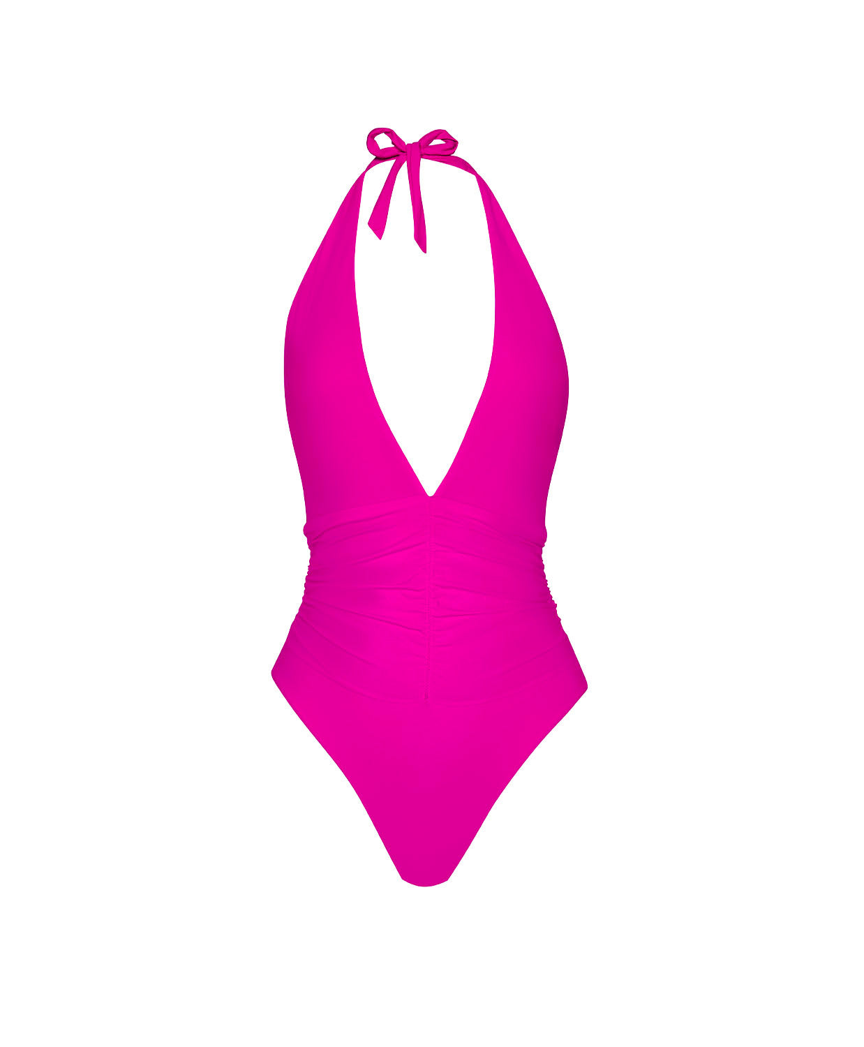 Petunia Isabel One Piece swimsuit with plunging V neckline, ruched midriff, adjustable neck tie, and elegant low back.