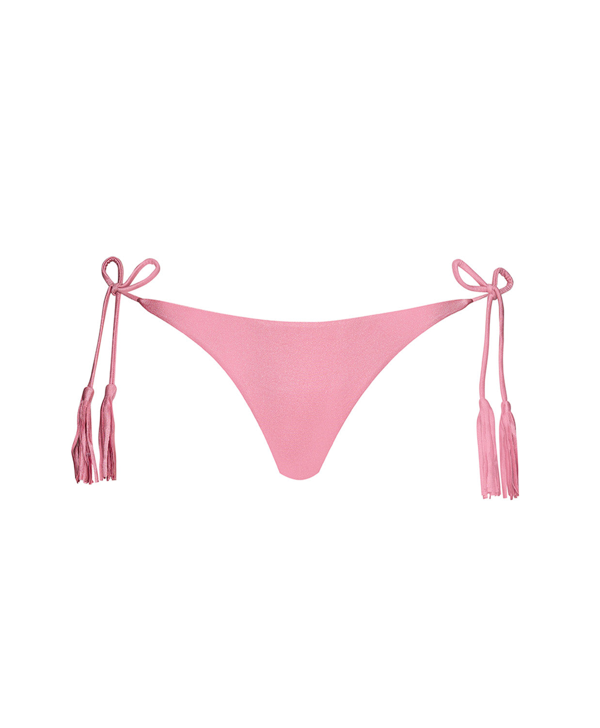 Pink bikini bottoms with a tie side closure against a white wall.