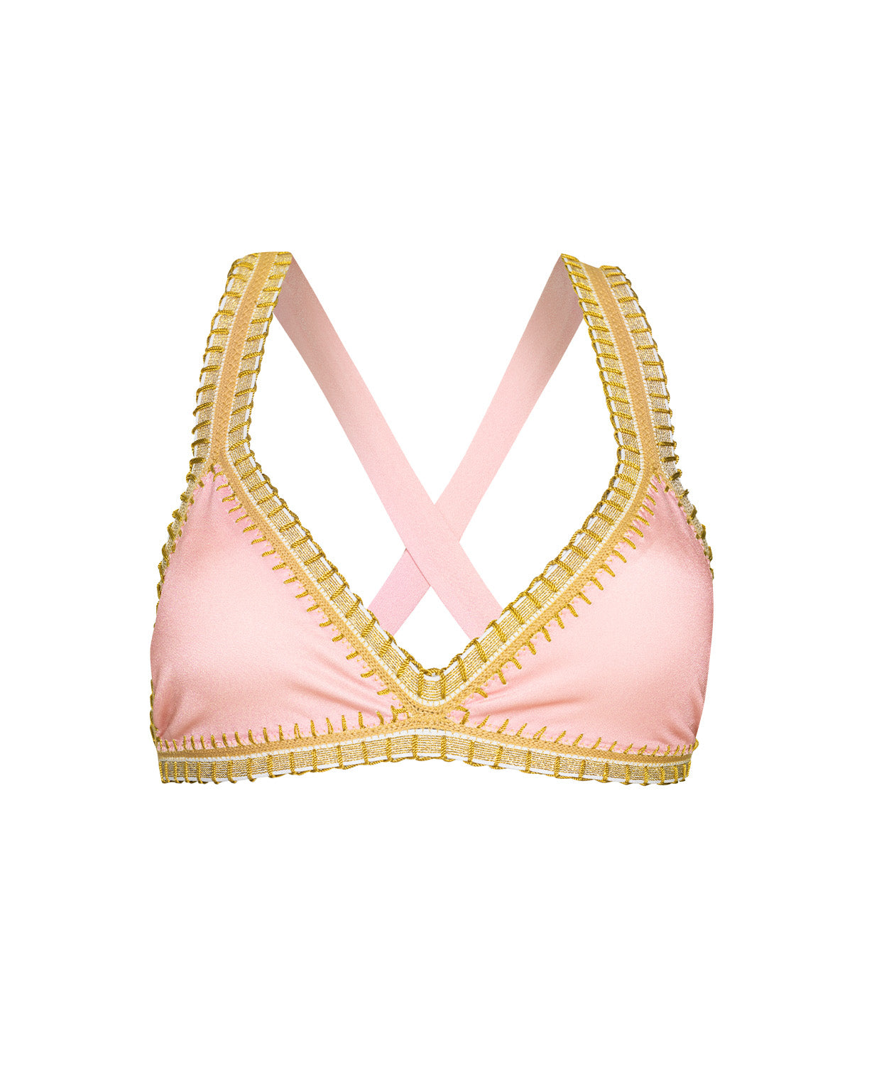 Pink bikini top with gold trim on a white background