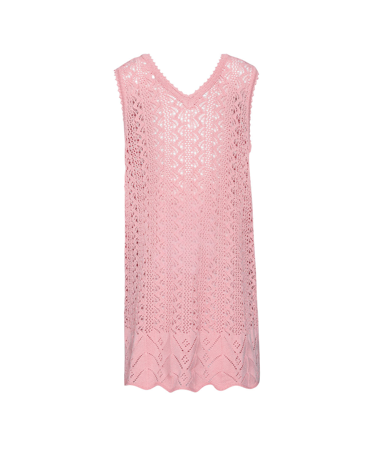 Kids Pink Sands Kaia Knit Dress – soft pink crochet cover-up with playful knit details and relaxed V-neckline.