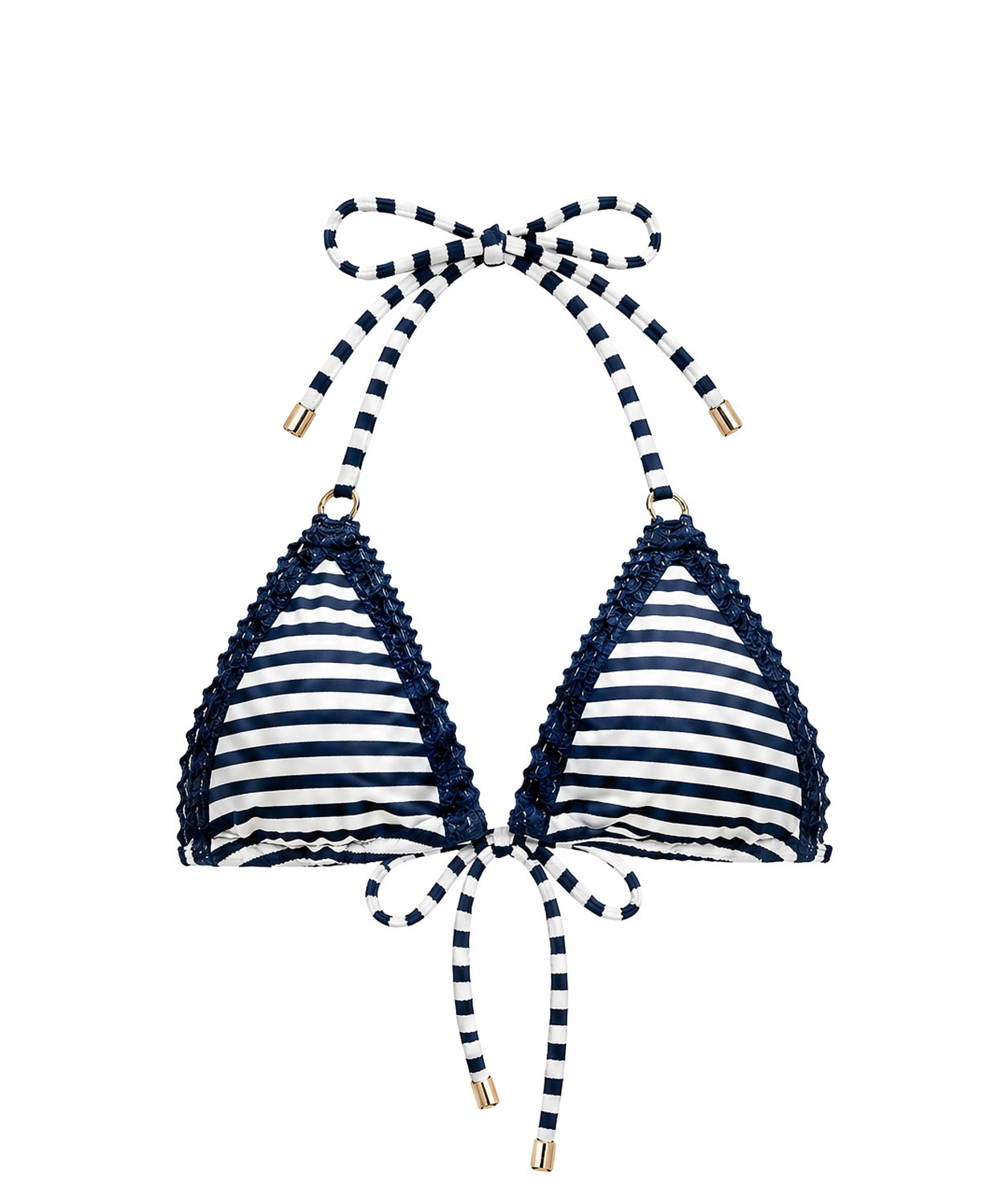 Navy and white striped bikini top with decorative straps on a white background