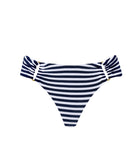 A blue and white striped high waist bikini bottoms against a white wall. 