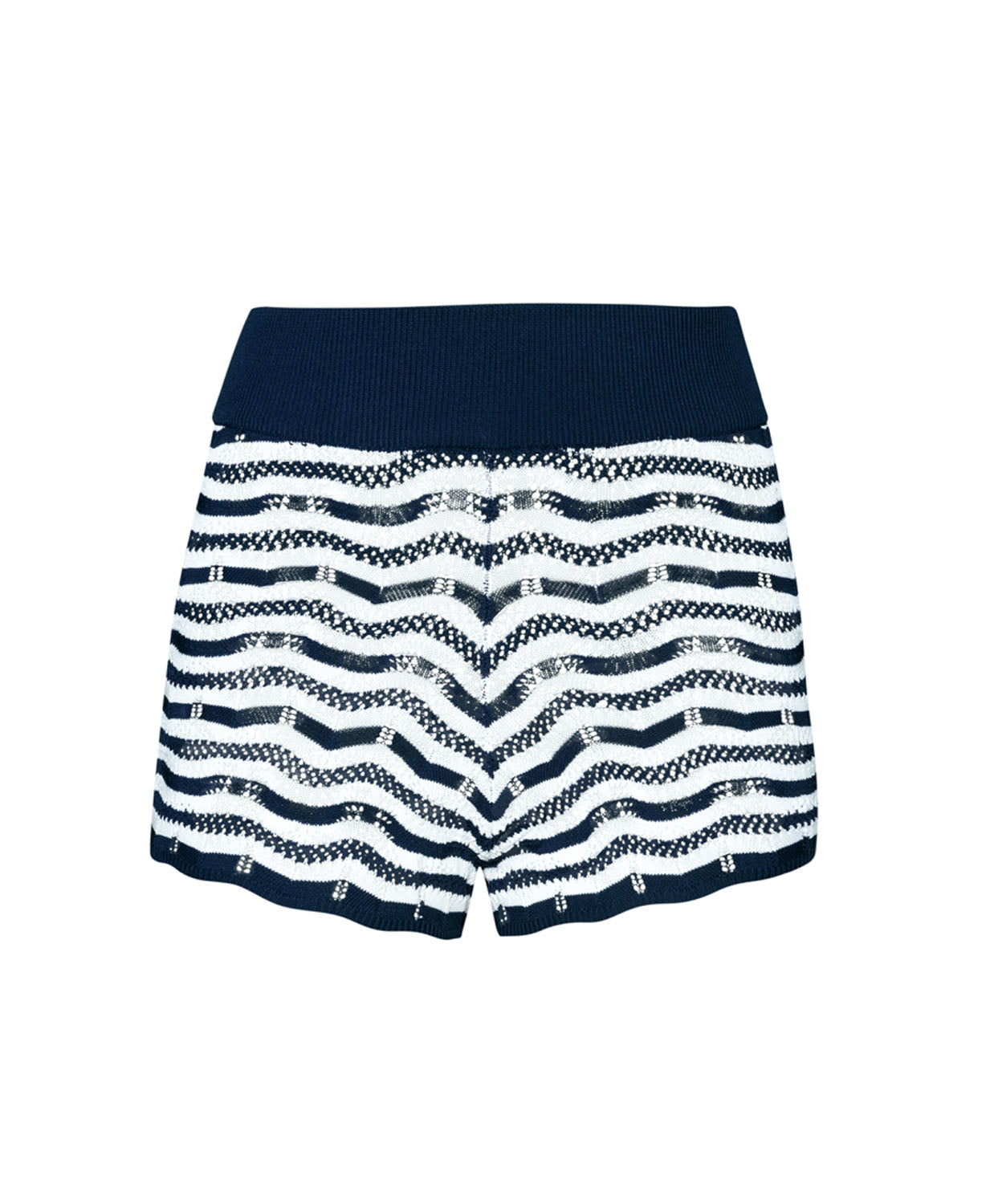 Blue and white striped knit shorts against a white wall.