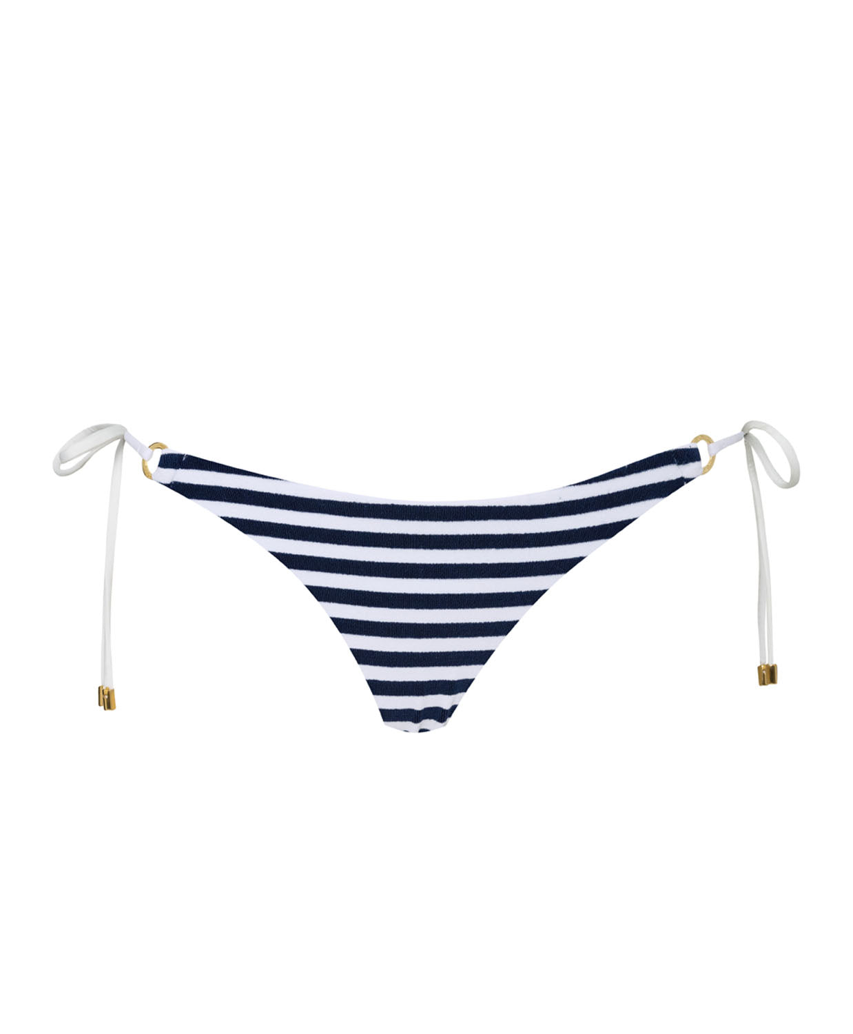 A blue and white striped tie side bikini bottom against a white wall. 