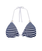 A blue and white triangle bikini top against a white wall. 