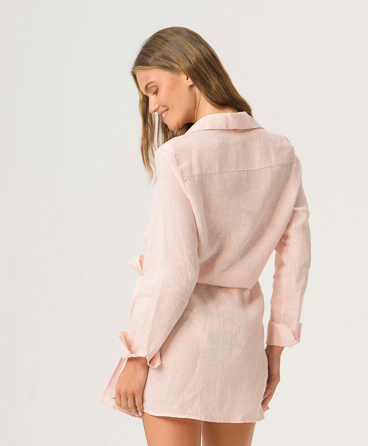 Pitaya Lily Cover Up pastel pink linen cover up with collar, side tie, and airy beach-ready fit