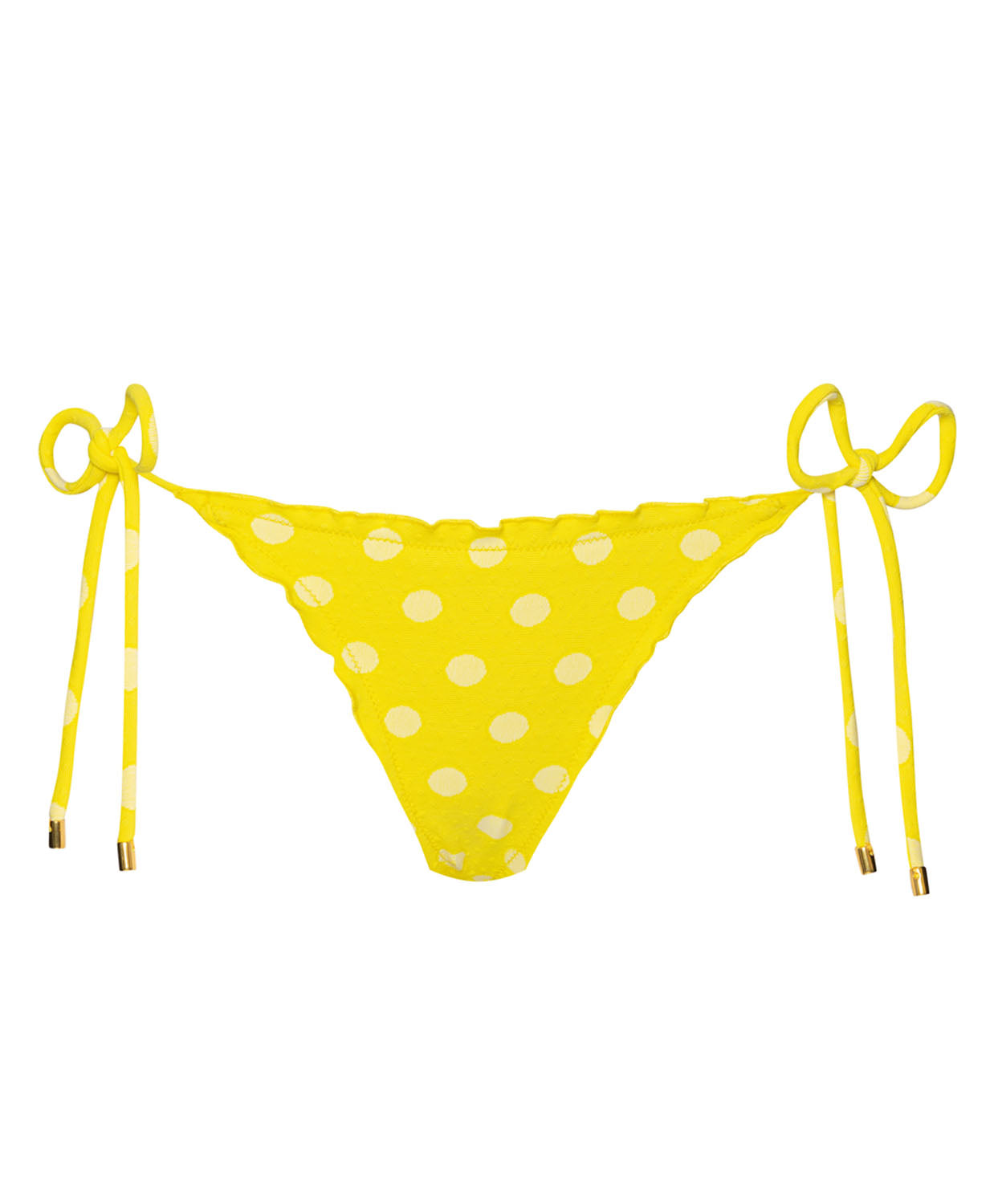 A yellow polka dot bikini against a white wall.