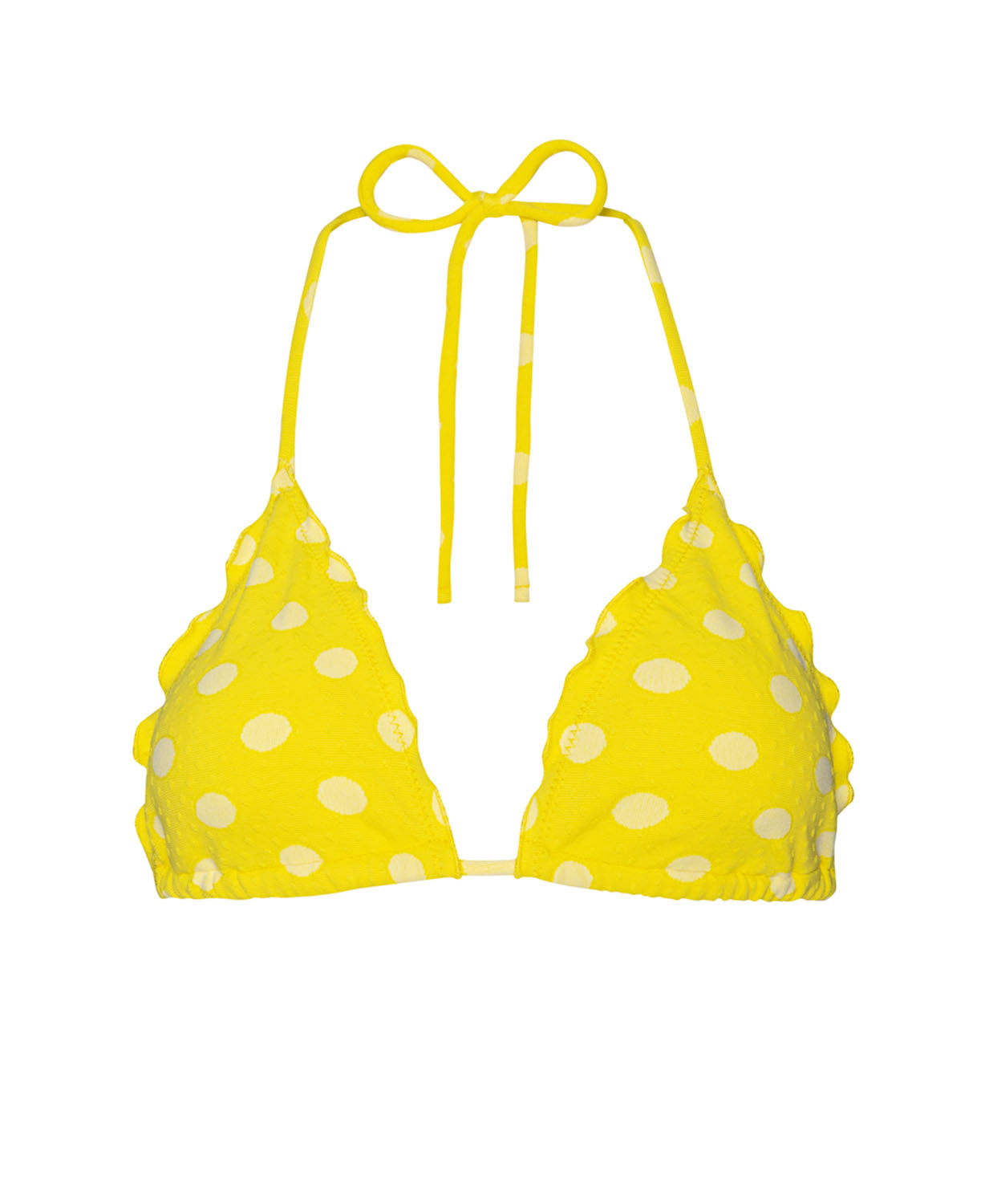 Yellow bikini top with white polka dots on a white background