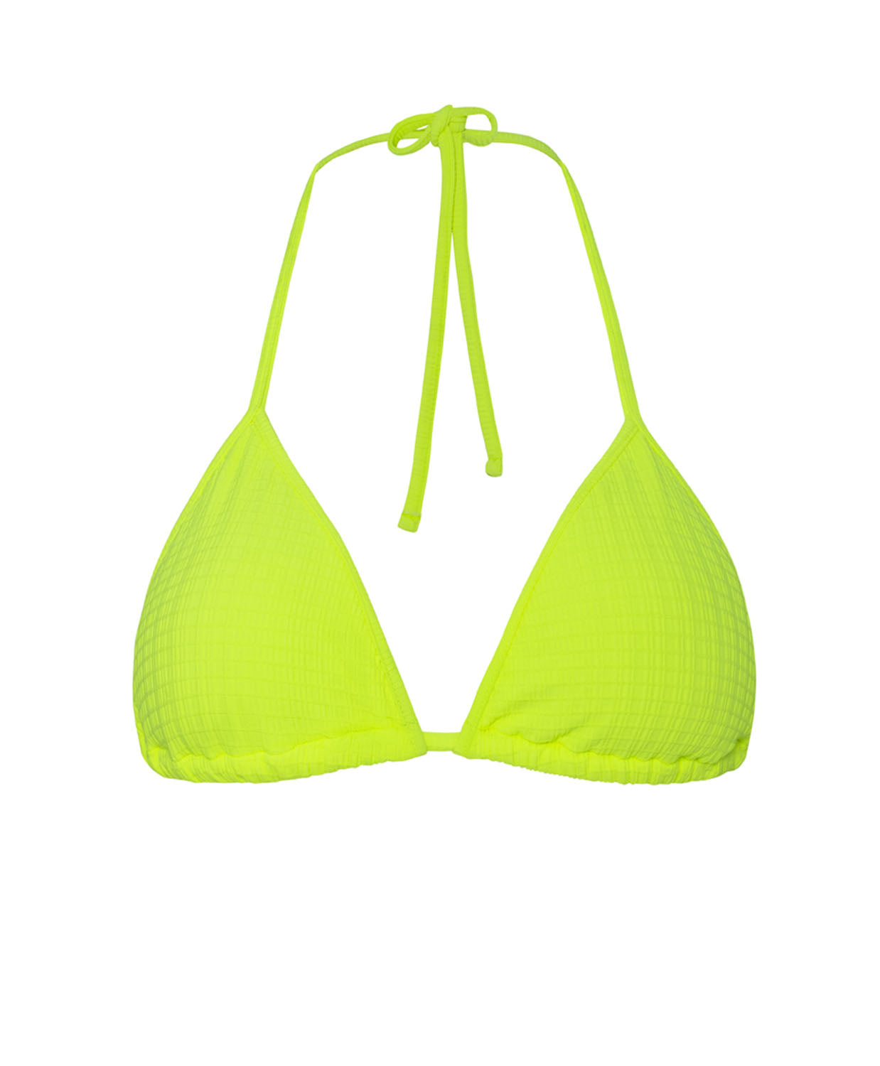 A green triangle top bikini against a white wall. 