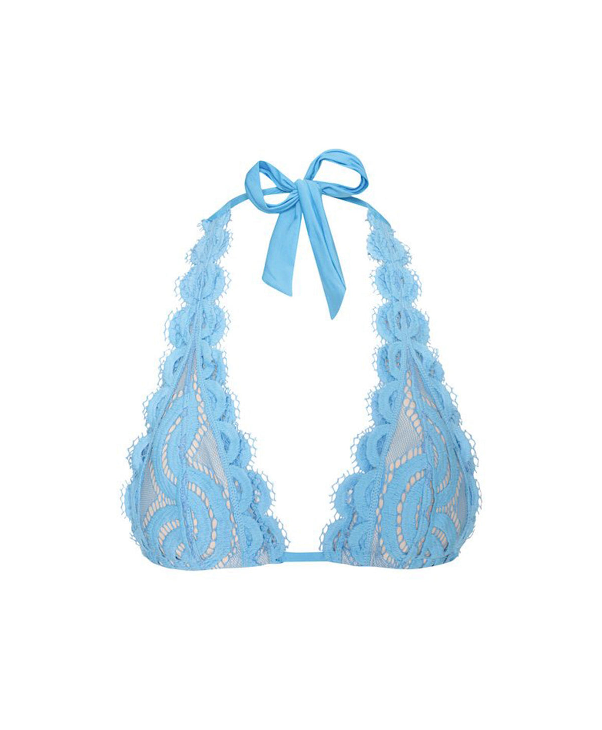 A light blue lace triangle bikini top with a halter-style neck tied with a matching fabric ribbon, shown against a plain white background.