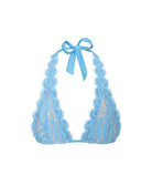 A light blue lace triangle bikini top with a halter-style neck tied with a matching fabric ribbon, shown against a plain white background.