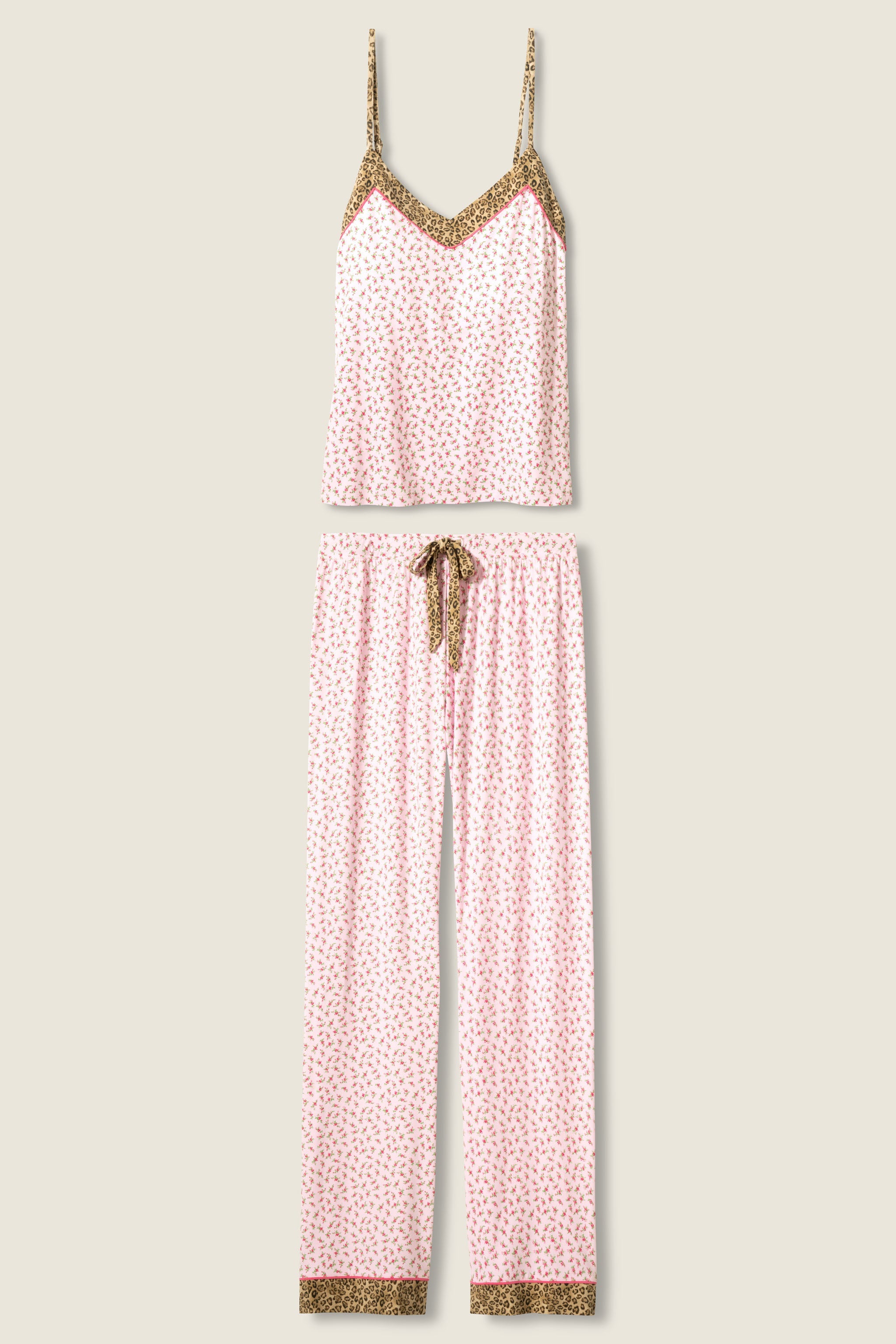 Ditsy Floral PJ Set featuring a silky cami top and wide-leg pants with pink florals and leopard-print trim.