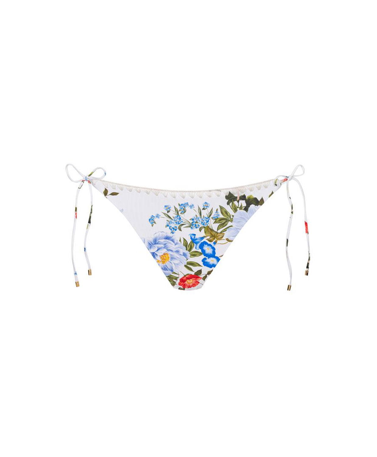 White string bikini bottom with a colorful floral print in blue, red, and green, featuring adjustable side strings with beads.