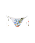 White string bikini bottom with a colorful floral print in blue, red, and green, featuring adjustable side strings with beads.