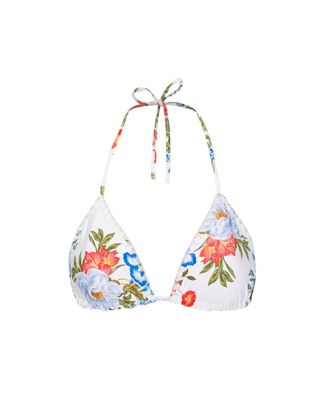 A white halter triangle bikini top with a vibrant multicolor floral print, featuring red, blue, and green flowers with white halter ties.