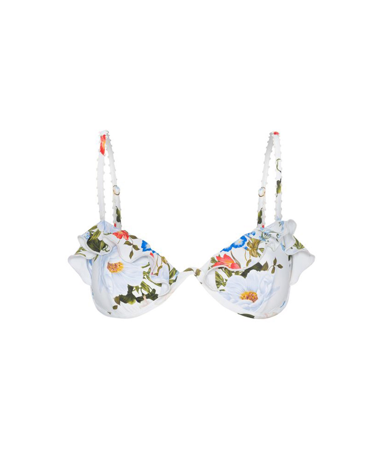 White ruffled bikini top with a colorful floral print, featuring white beaded straps, shown against a plain white background.