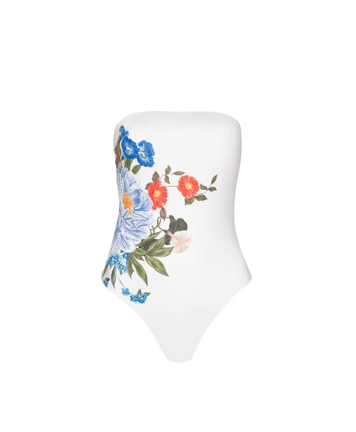 A white strapless one-piece swimsuit with a colorful floral print on the front, featuring blue, red, and pink flowers with green leaves, displayed on a white mannequin torso against a plain white background.