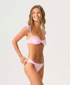 Rosé Lace Fanned Bottom bikini bottom in pastel pink with hand-cut lace and subtle back ruching for a flattering fit.