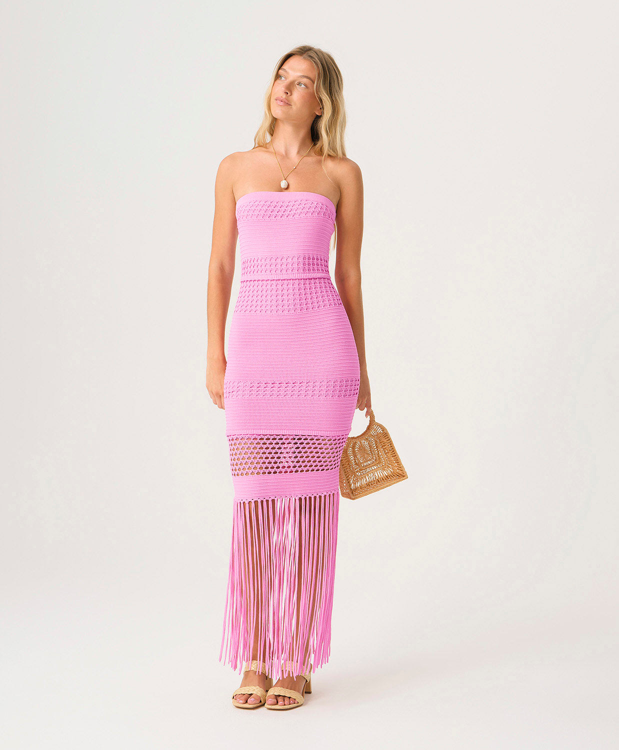 Rosé Melissa Fringe Dress strapless pink dress with a flattering fit and playful fringe hem.