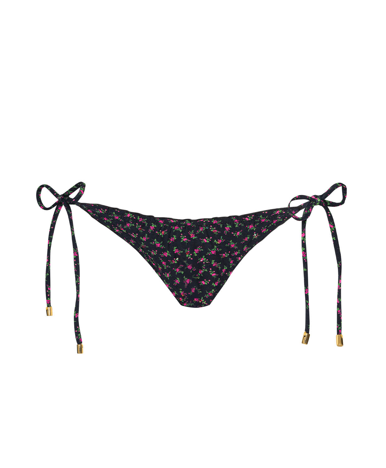 Black floral bikini bottom with tie sides on a white background