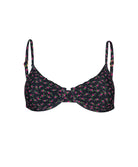 Black floral-patterned bikini top on a white background