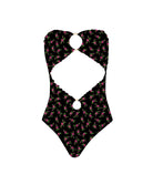 Black strapless swimsuit with floral pattern on a white background