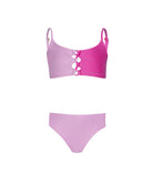 Light and dark pink bikini set with cut-out design on a white background