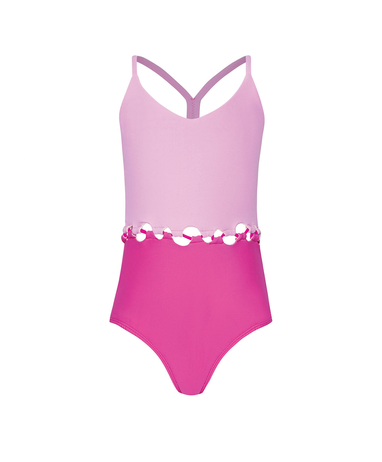 Light and dark pink one-piece swimsuit with cut out details on a white background