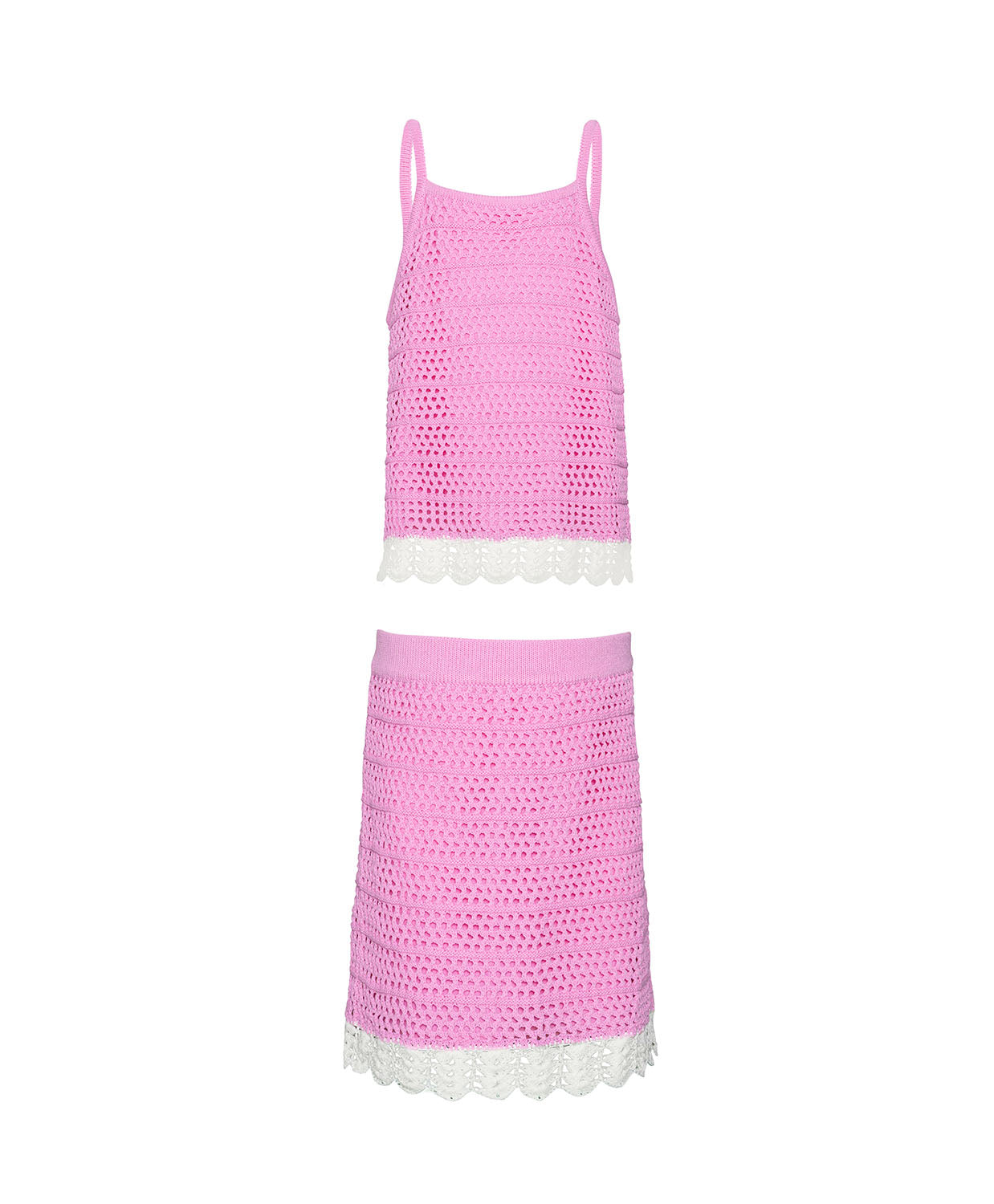 Kids Rosy Kennedy Set – soft pink crochet outfit with white trim, perfect for sunny beach or poolside days.