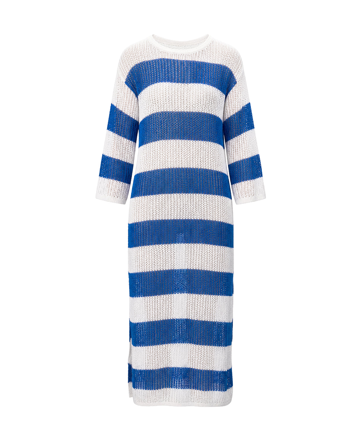 Blue and white striped dress on a white background
