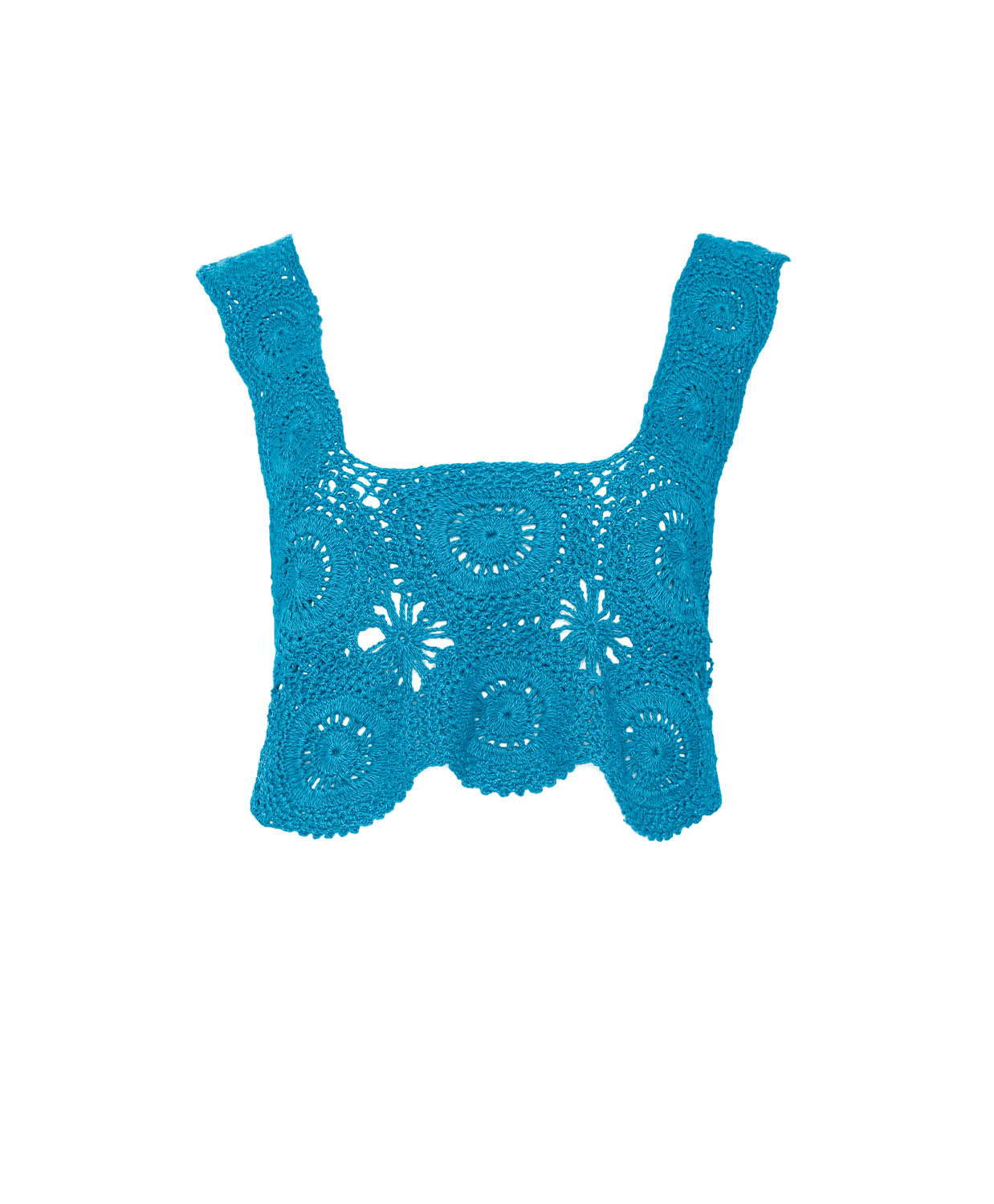 Blue crochet top on a white background