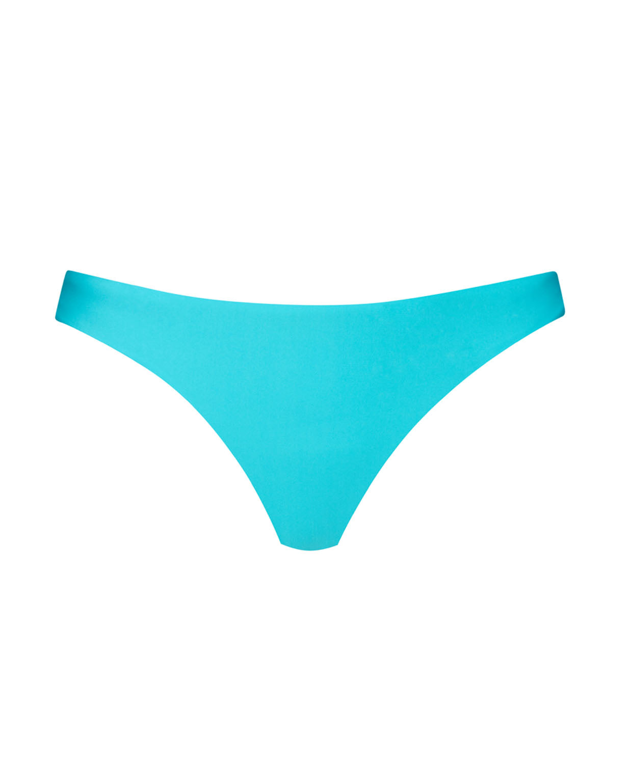 A turquoise bikini bottom against a white wall.