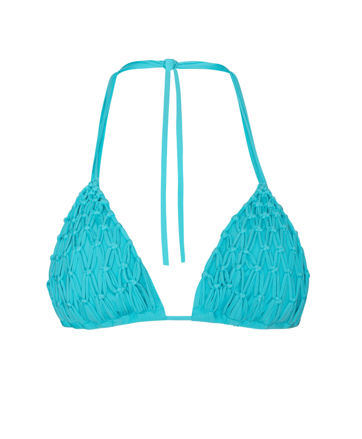 A turquoise triangle bikini top with macrame detailing against a white wall.