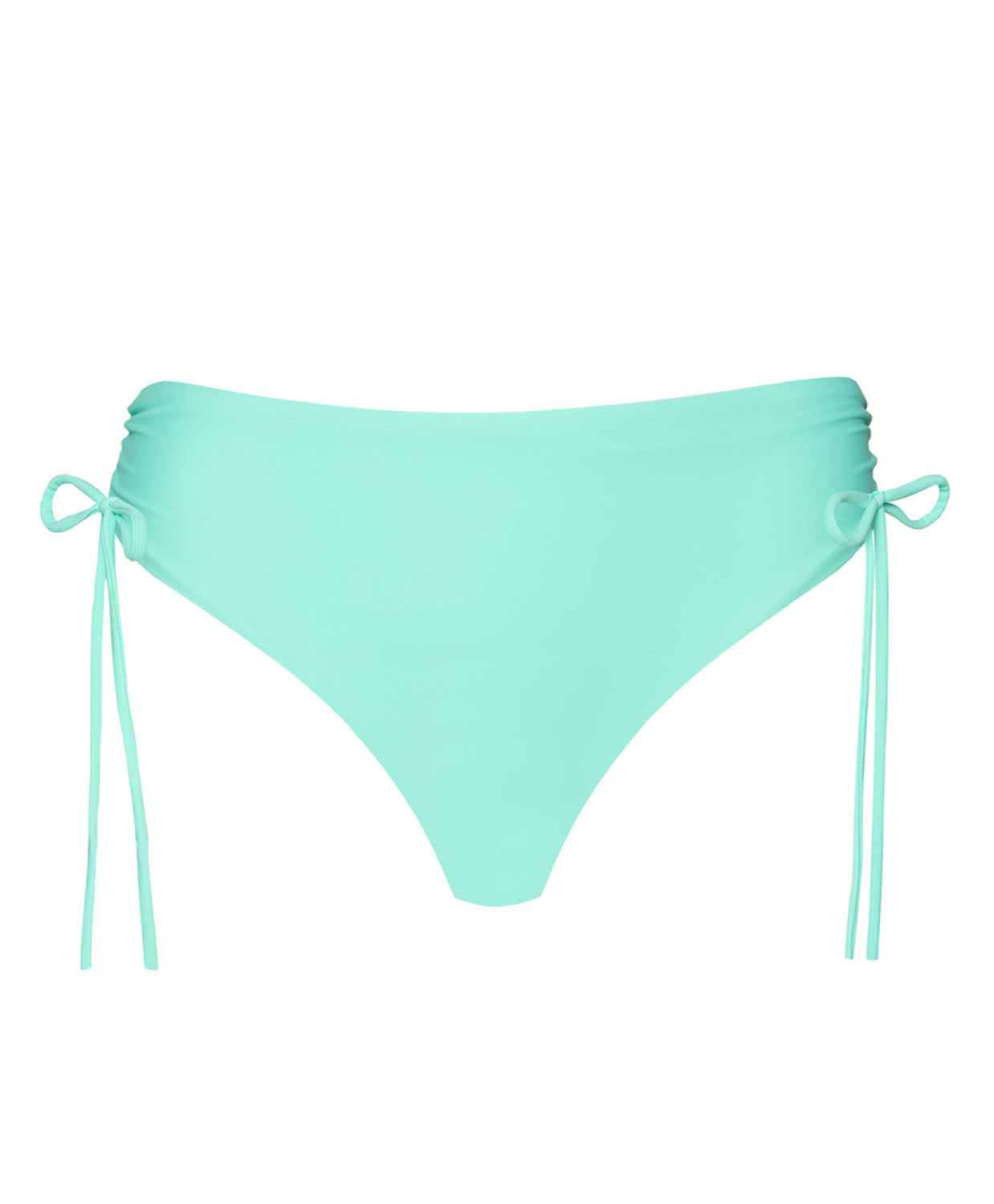 Teal bikini bottoms with side ties against a white wall. 