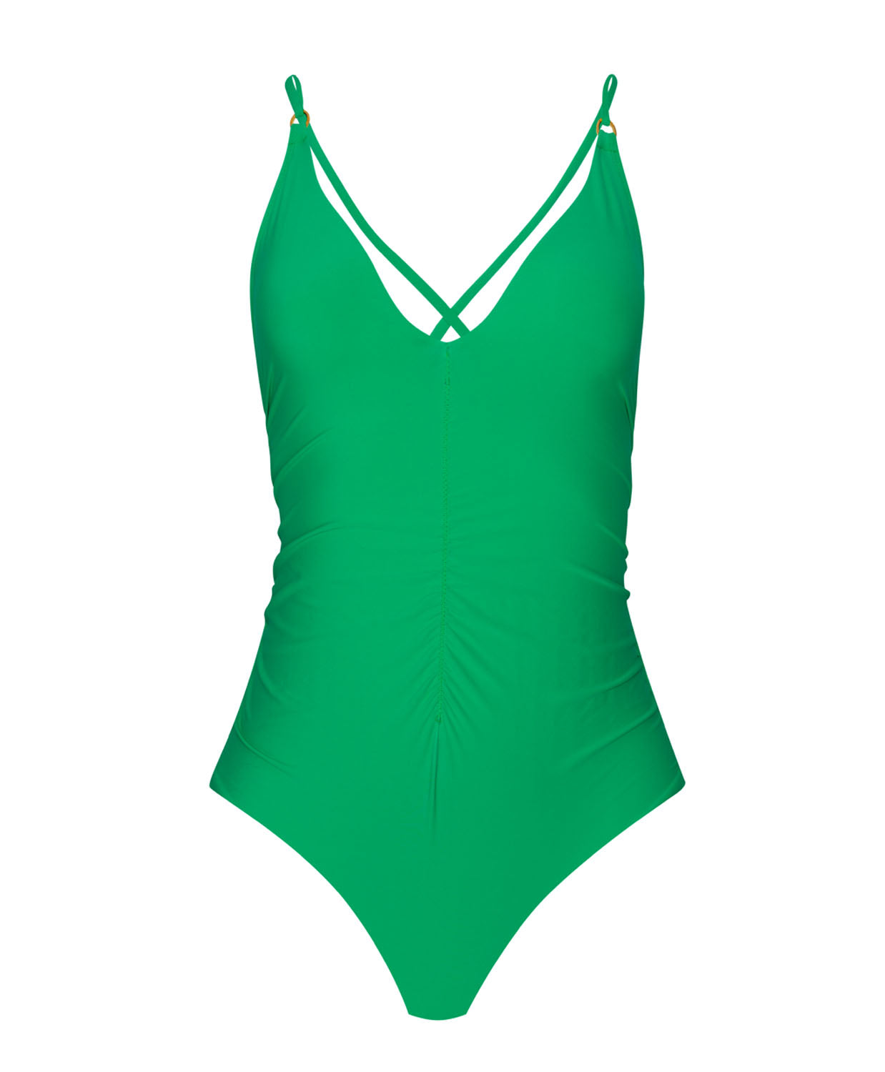 A green one piece bathing suit in front of a white background.