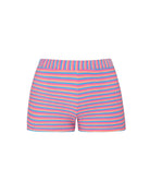 Striped colorful shorts against a white wall.