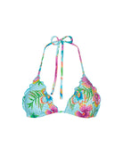 Colorful bikini top with floral design on a white background