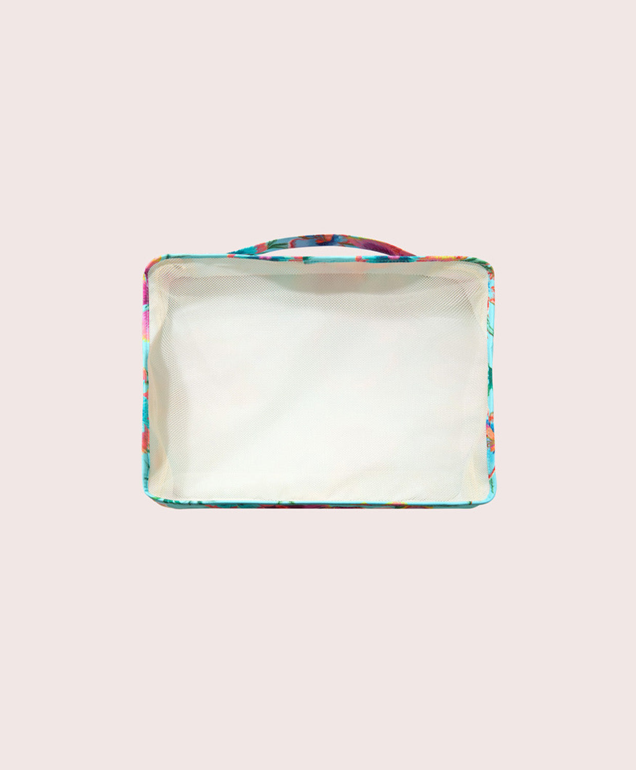 Rectangular packing cube with a colorful handle on a light pink background