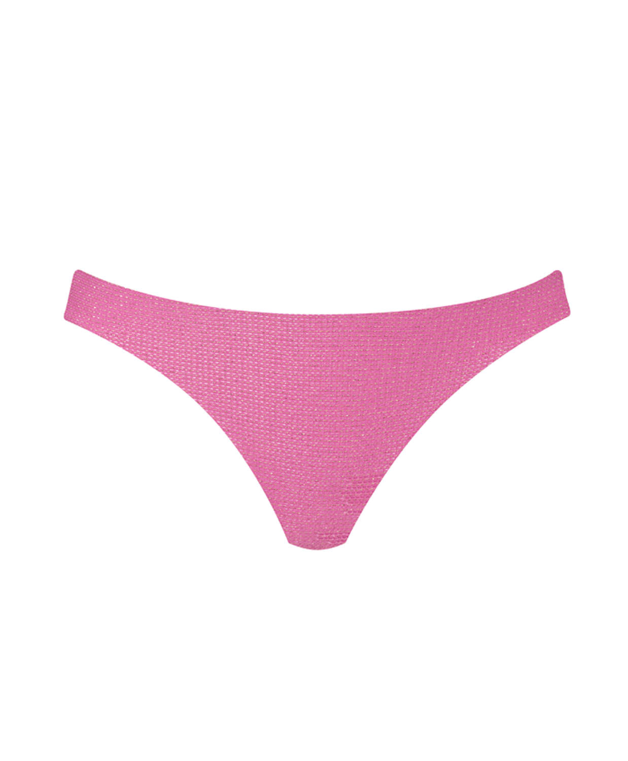 A pink bikini bottom against a white wall background. 