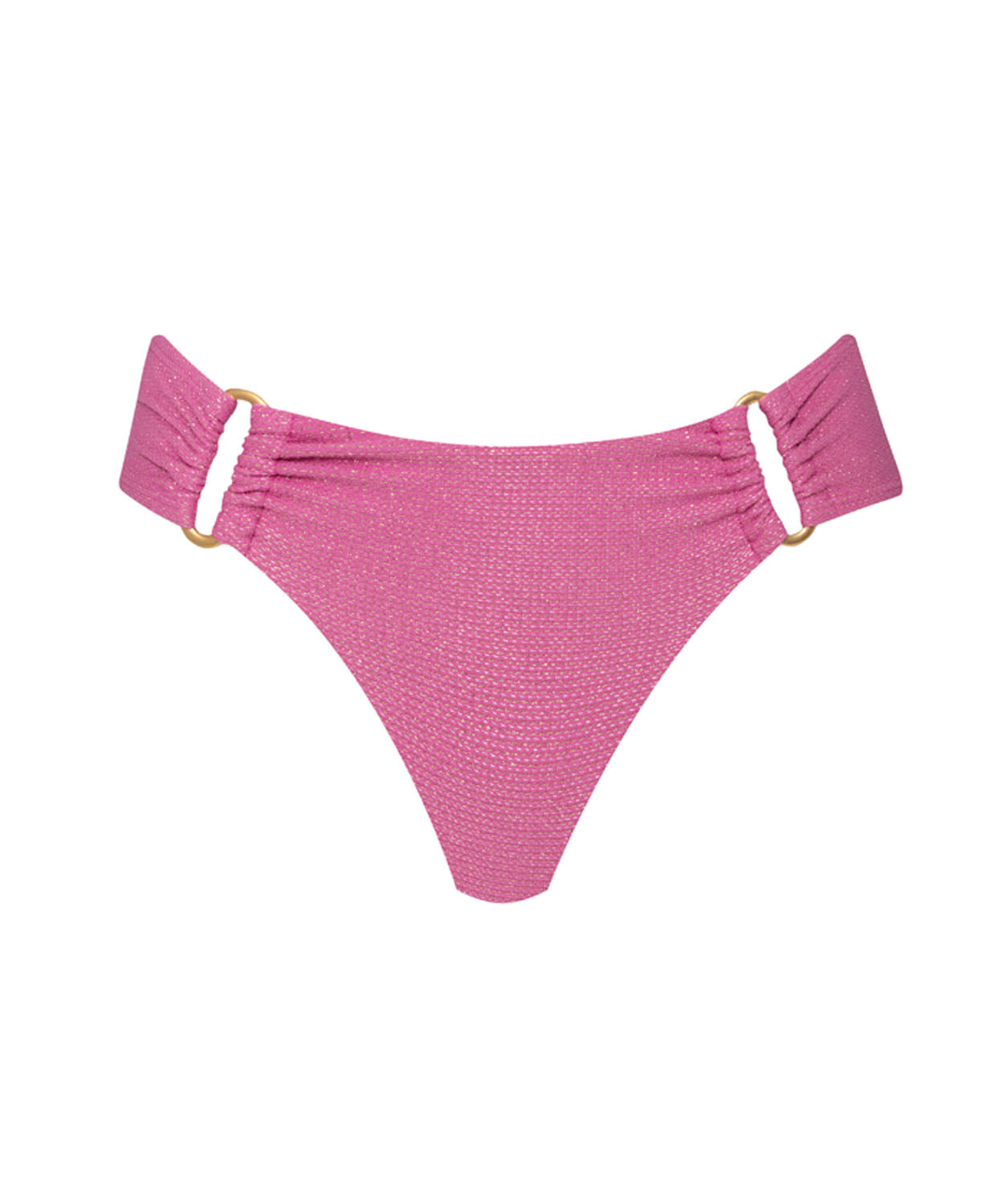 A pink bikini bottom against a white wall background. 