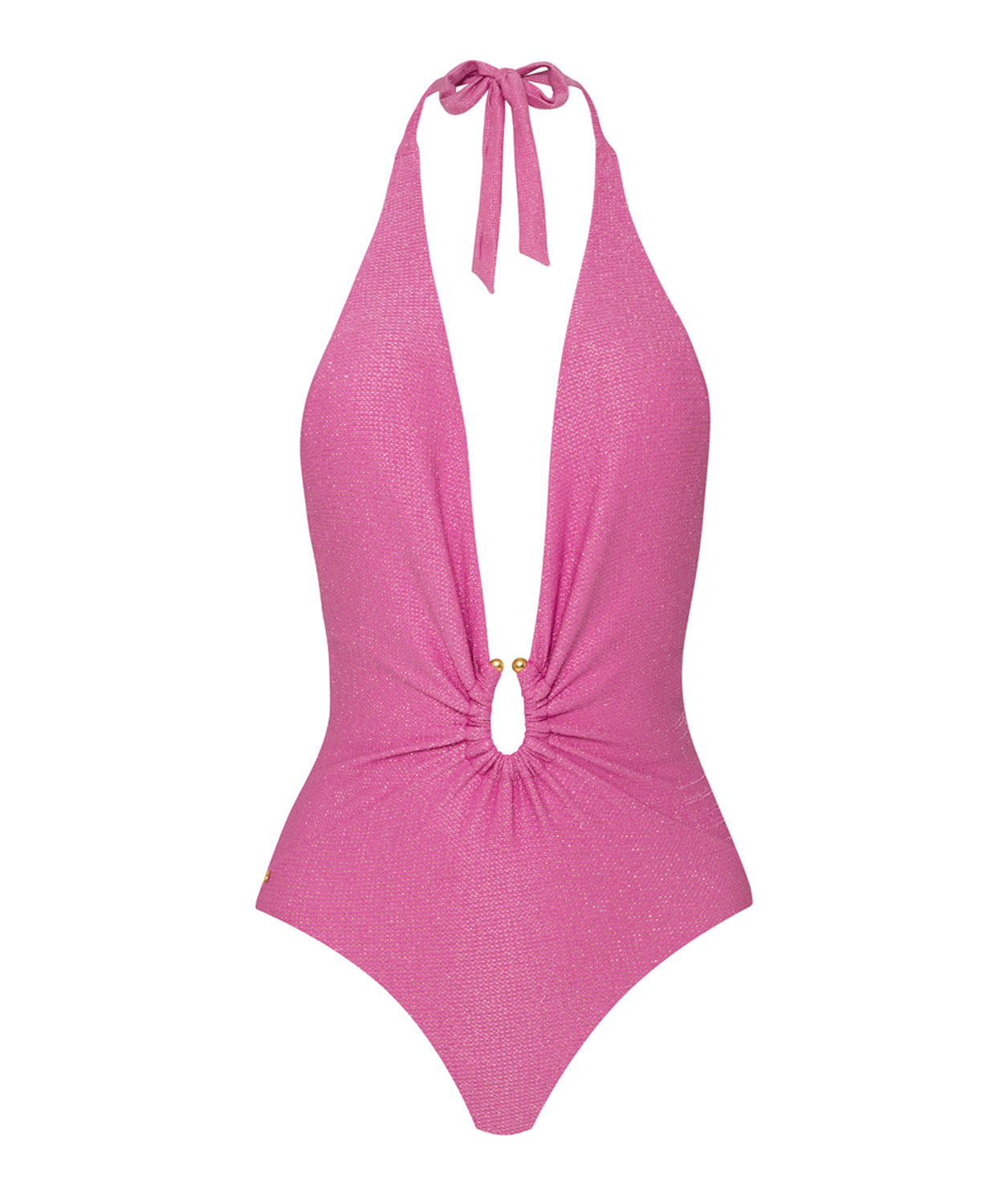 A pink one piece swimsuit against a white wall. 