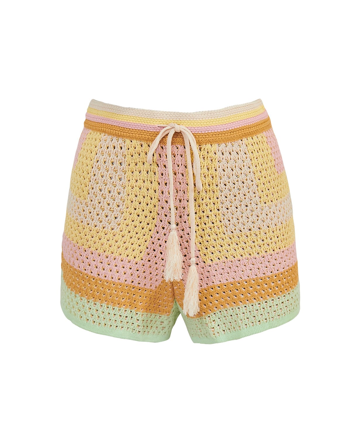 Crochet shorts with a drawstring against a white wall. 