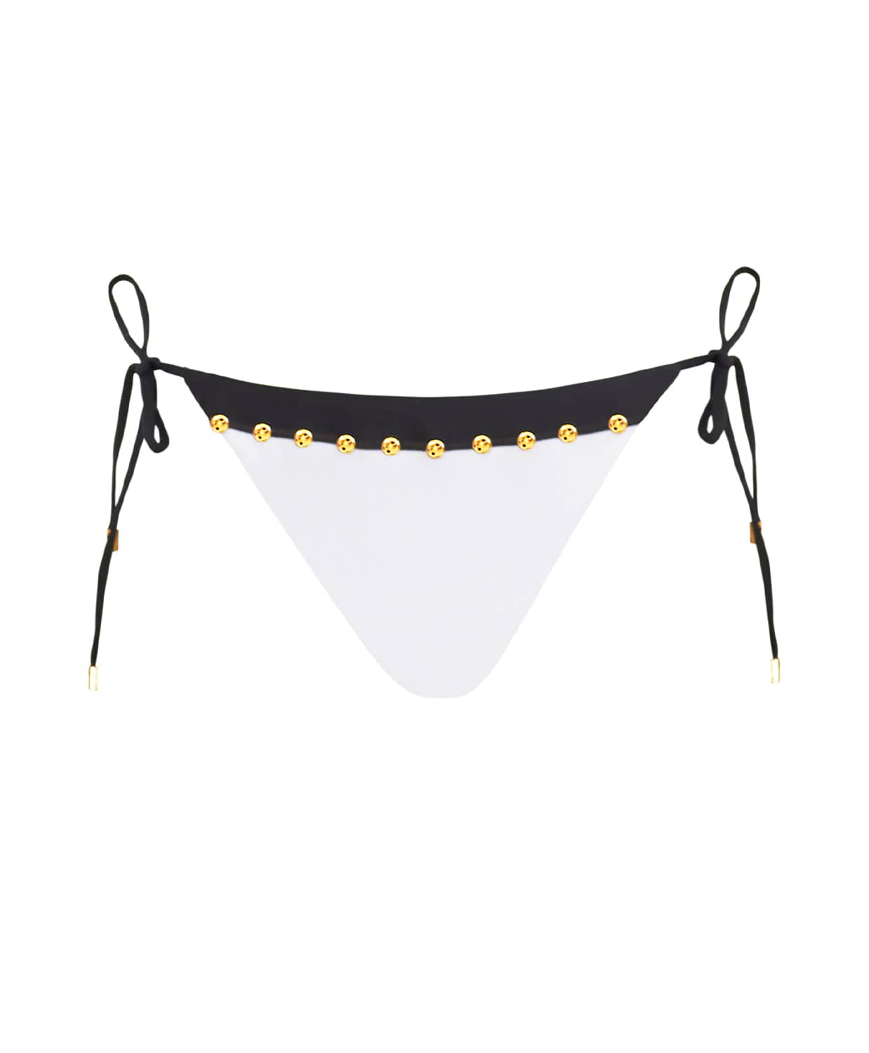 A black and white triangle bikini bottom with stud details. Featured against a white wall background.
